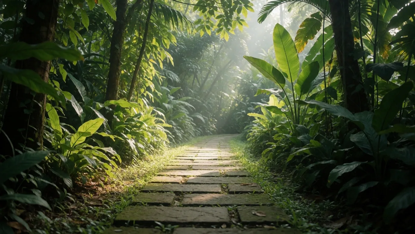 A quiet park pathway in Bandung with tropical trees