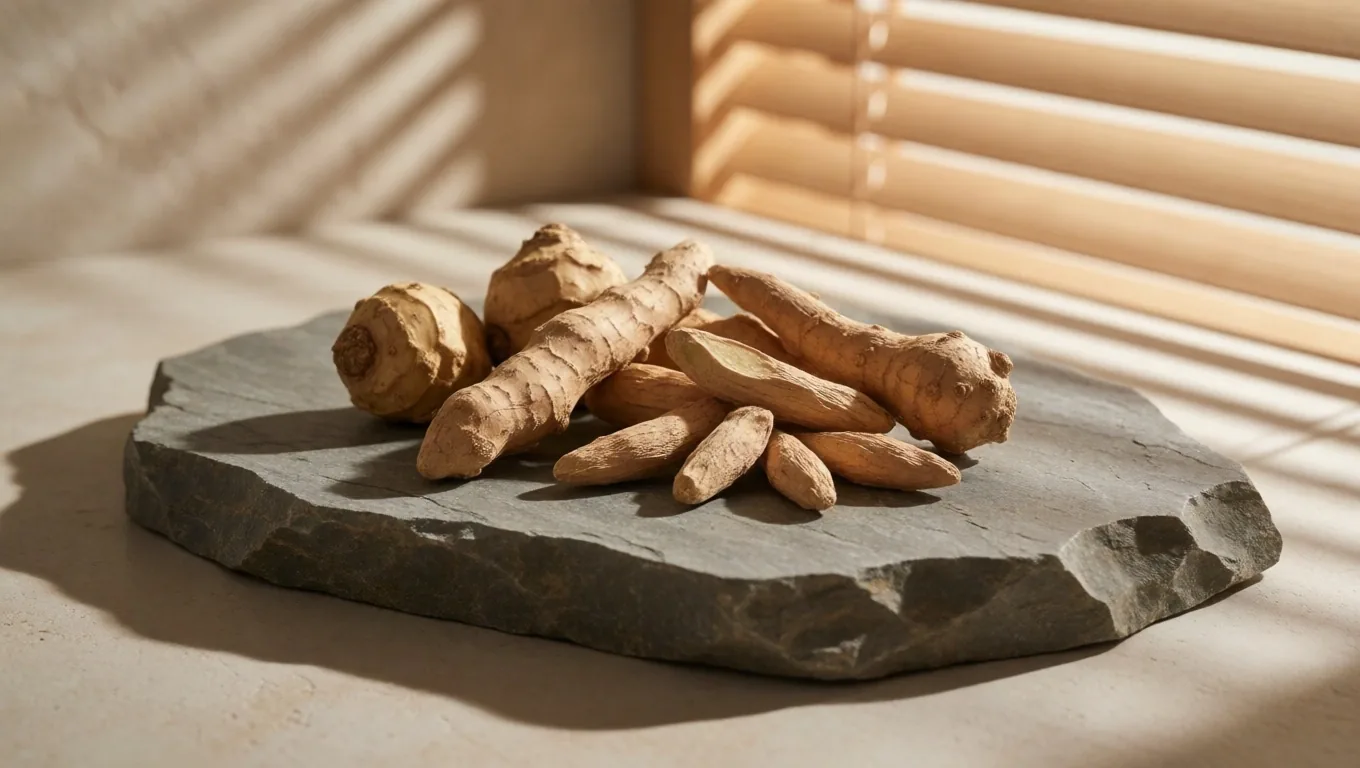 Dried maca and ashwagandha roots on a stone slab