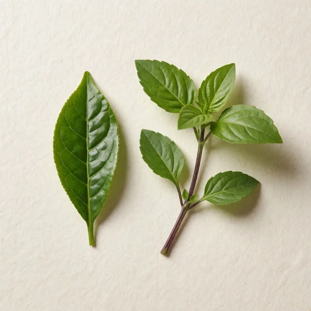 Whole green tea and holy basil leaves on paper