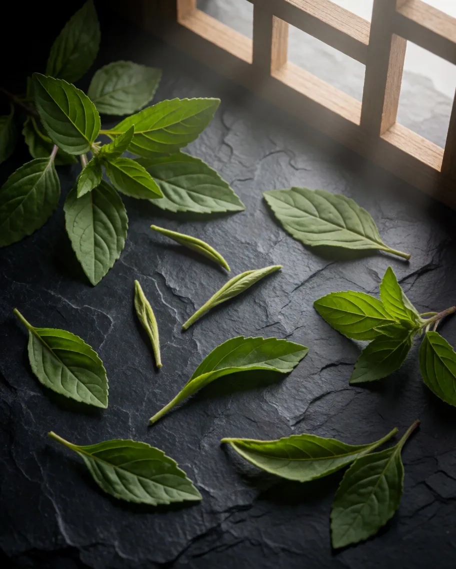 Whole-leaf herbs arranged flat on a stone surface