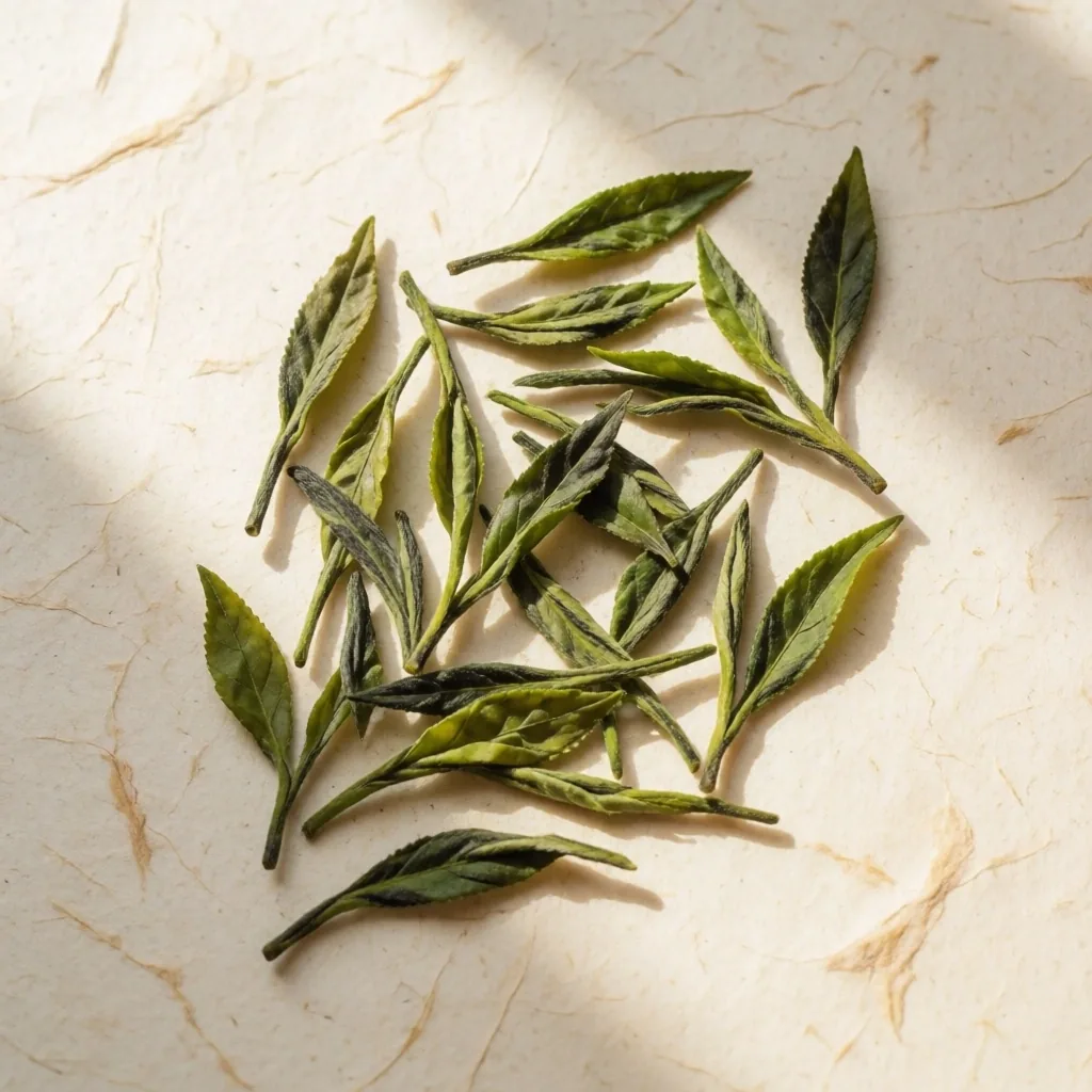Green tea leaves on warm paper