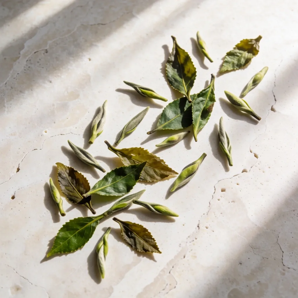 Green tea botanical arrangement on chalk surface