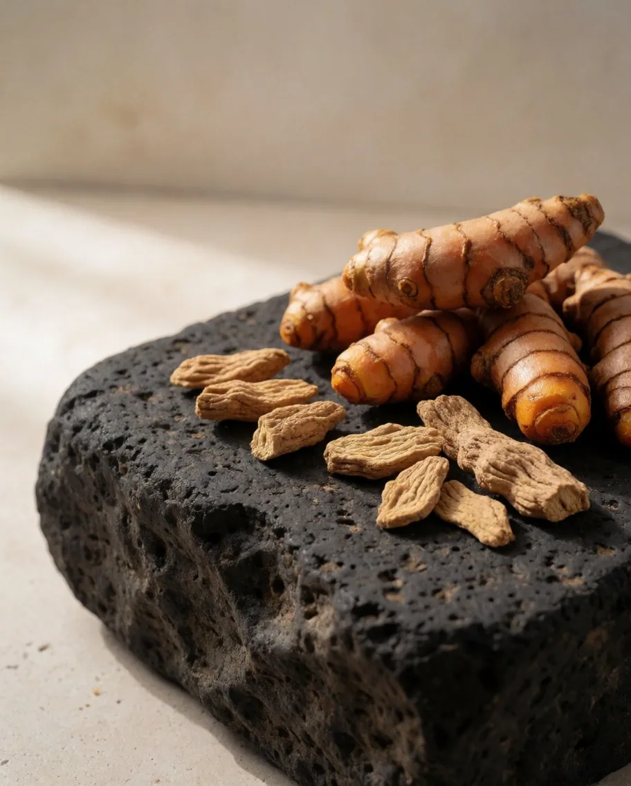 Dried botanical roots on a stone slab
