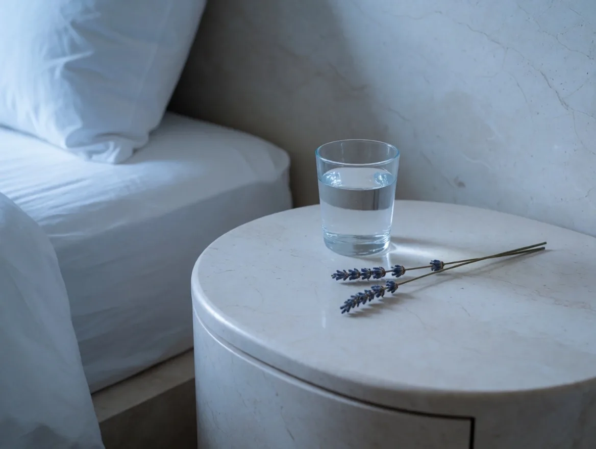 A calm bedside scene at dawn with a glass of water and dried lavender
