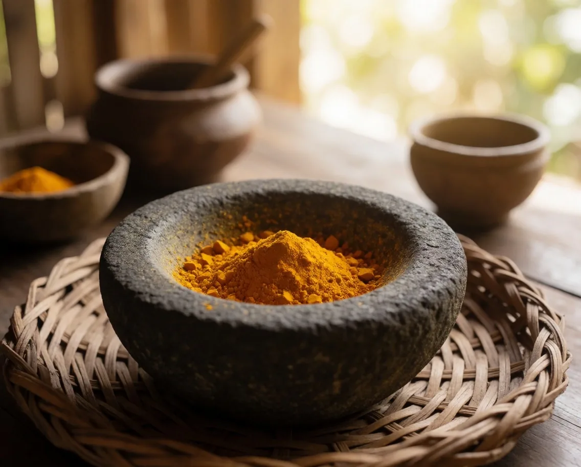 A jamu preparation with turmeric and ginger in a stone mortar